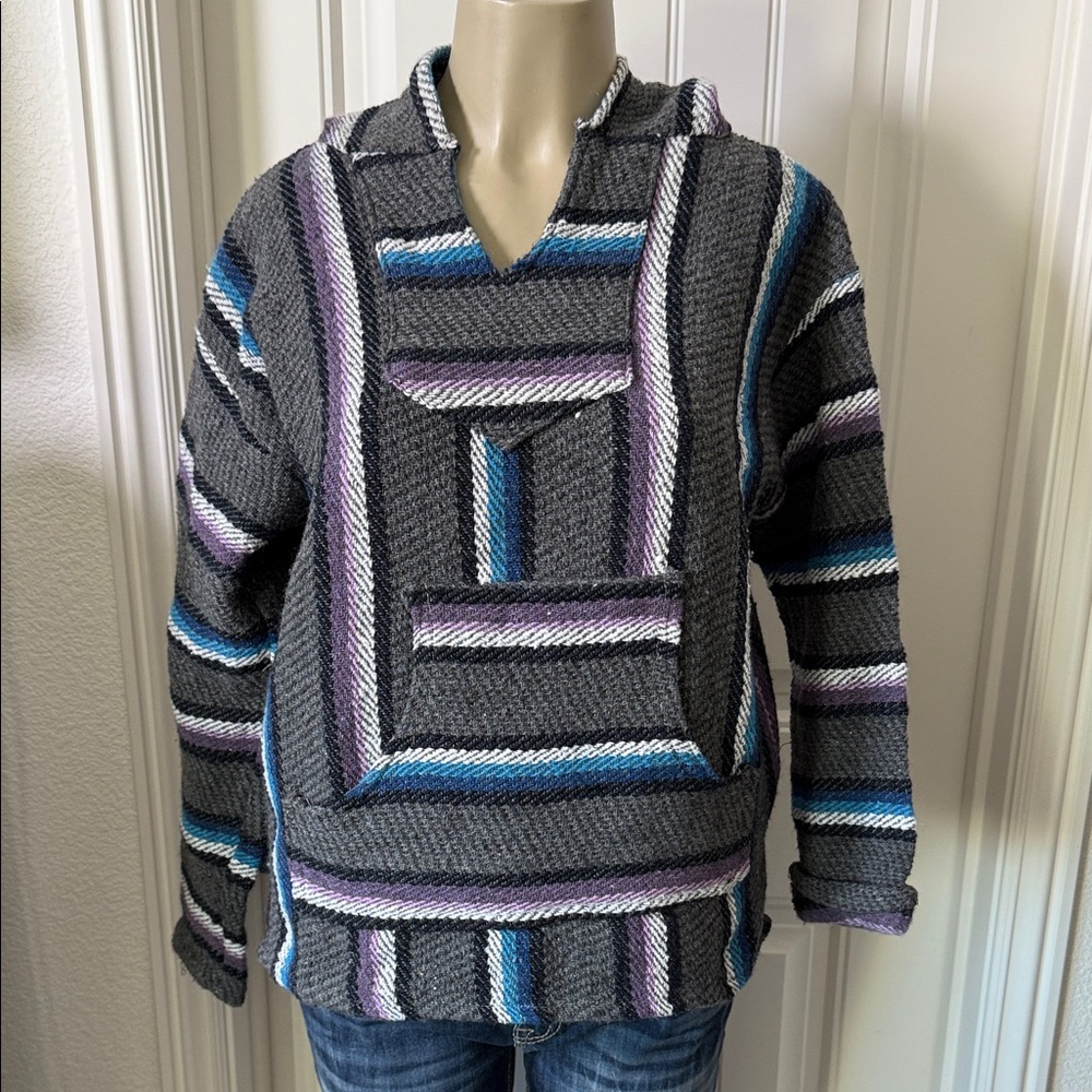 Iguana Jack Baja Hoodie Striped Mexican Jerga Pullover Grey Purple Blue Size M